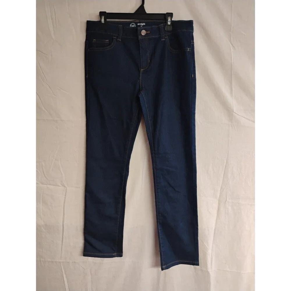 Wonder Nation Size 14 Girls Adjustable Dark Blue Denim Jeans Straight Leg